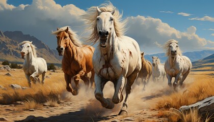 Wild mustangs galloping across a prairie - obrazy, fototapety, plakaty