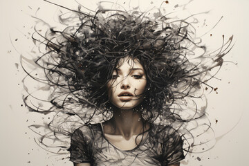 Mental health concept. Monochrome portrait of a woman with dynamic chaotic strokes in her hair. Chaos inside