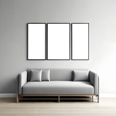 mockup of 2 white simple frames on a wall behind the beige couch, Living Room, 3D render, Light gray wall color, simple clean modern design