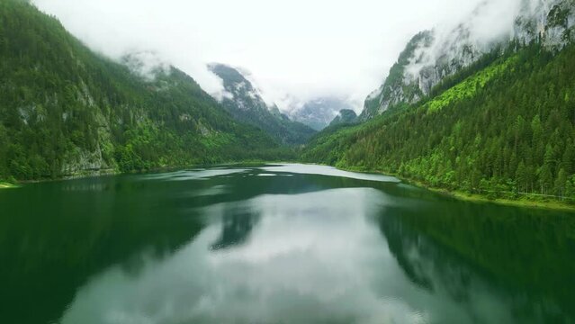 Drone Austria. Gosauseen lake, lake gosau in Austrian Alps. popular tourist sightseeing day trip from Salzburg. 