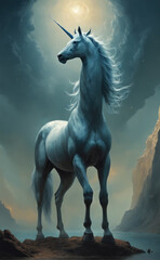 Fantasy Illustration of a wild unicorn Horse. Digital art style wallpaper background in pastel colors.