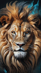 Fantasy Illustration of a wild animal lion. Digital art style wallpaper background.