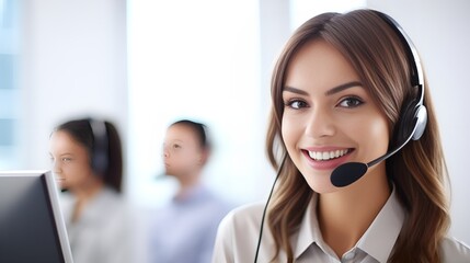 A smiling customer service representative assisting clients , smiling representative, customer service, assisting clients