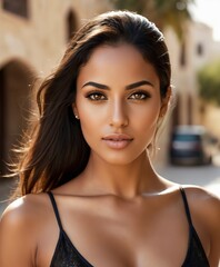 photograph of an Arab African female model with shop facial features dark tank skin and black gazing eyes steering straight into the camera