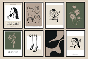 Abstract minimal style poster design templates. Self care collection. Hand drawn minimal design for wallpaper, wall decor, print, postcard, cover, template, banner.