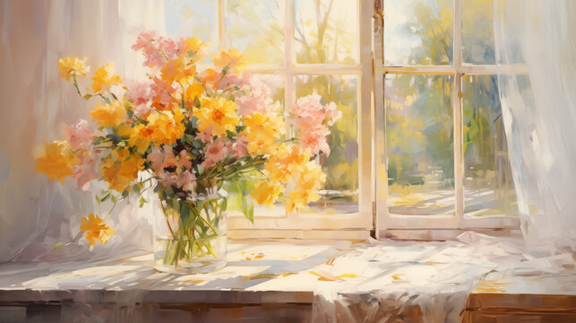 Beautiful oil painting of flower bouquet in vase at the window. Pink and yellow flowers. still life