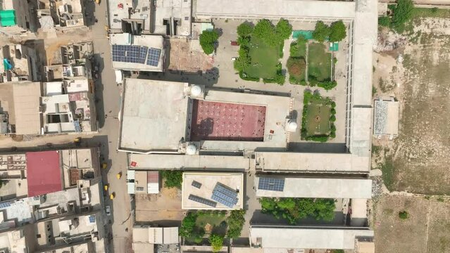 Aerial zoom out shot of Darul Uloom Hussainia University at Shahdadpur, Sindh in Pakistan at a sunny afternoon.
