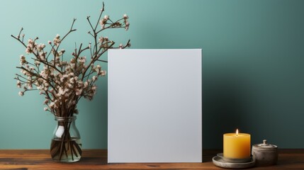  a white sheet of paper next to a vase of flowers and a candle on a wooden table with a blue wall in the background.