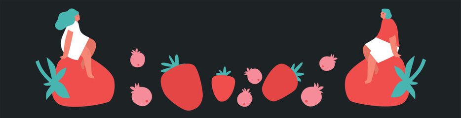 Tiny people and fruits cartoon vector illustration. Man, woman and berries, summer harvest. Healthy eating, cooking vegetarian food and dieting concept. Summer time.