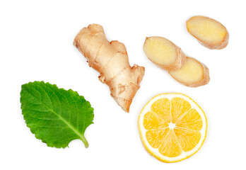 Ginger roots and lemon slice isolated on a white background
