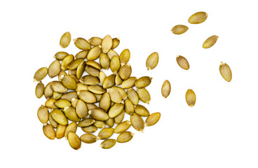 Pumpkin seeds isolated on a white background, top view.