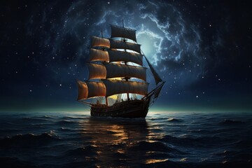  a sailing ship in the middle of a body of water with a full moon in the sky in the background. - obrazy, fototapety, plakaty