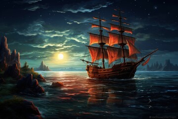  a painting of a sailing ship in the ocean at night with a full moon in the sky above the water.