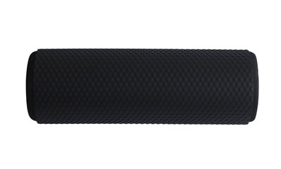 A black foam massage roller isolated on a white background. Foam rolling is a self myofascial...