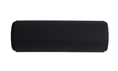 A black foam massage roller isolated on a white background. Foam rolling is a self myofascial release technique. Gym fitness equipment.