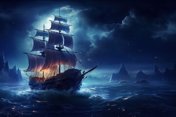  a painting of a pirate ship in the middle of the ocean with a full moon in the sky behind it. - obrazy, fototapety, plakaty