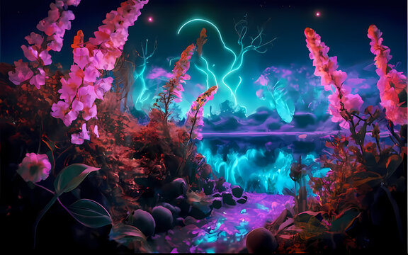 Airbrush paint bushes with creeping flowers, and lagoon on a background with neon lights and some glitter.