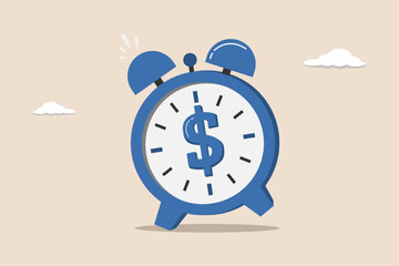 Time for money, deadline to start building wealth concept, making profit from investment, ringing alarm clock with dollar money sign on clock face.