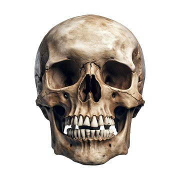 Realistic human skull front on transparent background PNG Generative AI