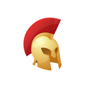 Spartan military helmet armor, Greek gladiator helmet, soldier head protection helmet with red crest vector game asset