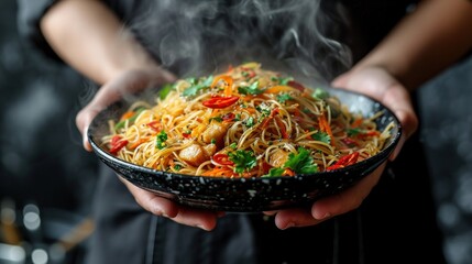 Chef Holding a Plate of Delectable Chow Mein from China. Generative Ai. - obrazy, fototapety, plakaty