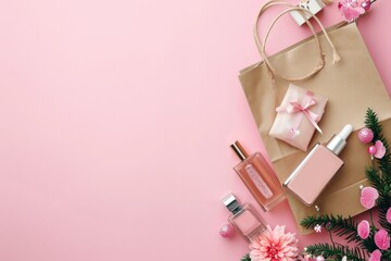 Beautiful woman's makeup, cosmetics, accessories pouring from shopping bags on flat pink background.