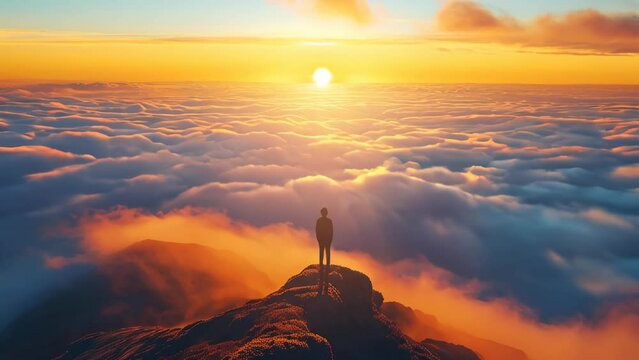 A sea of clouds and sunset viewed from the mountain's summit, with a figure gazing into the distance, seemingly moved by the breathtaking view.
