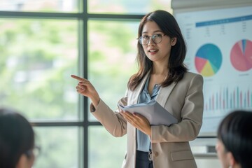 Fototapeta na wymiar Confident middle-aged Asian businesswoman leader presenting success results, talking to audience, pointing at business concept conference room