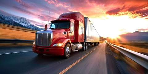 Semi heavy truck powering through transportation of cargo on road freight cruising down highway amidst traffic vehicle dedicated to shipping car moving in unison capturing motion and speed business - obrazy, fototapety, plakaty