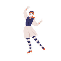 French mime, female actress performing pantomime. Comic mimic artist, comedian. Woman in beret playing silent dumb comedy Behind the Wall. Flat vector illustration isolated on white background