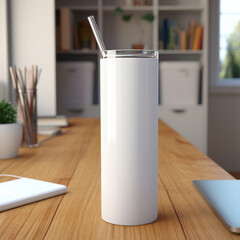 Mockup of a 20oz Straight Skinny Tumbler, Each Tumbler includes a lid on work desk.
