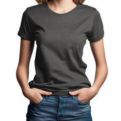 Dark Grey T-shirt Mockup, Woman, Girl, Female, Model, Wearing a Dark Grey Tee Shirt and Blue Jeans, Oversized Blank Shirt Template, White Background, Close-up View