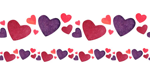 Cute seamless horizontal border of hearts of different shapes and colors. Ornament of red and purple hearts. Valentine's Day. Watercolor illustration for background design, packaging, textiles