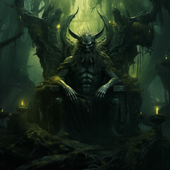 The Devil, Satan, Lucifer sitting on his throne in Mossy dark forest bioluminescent fungous green style - obrazy, fototapety, plakaty