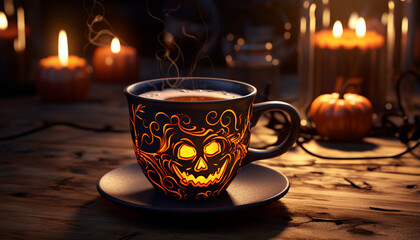 A cup with a Halloween print created with Generative Ai