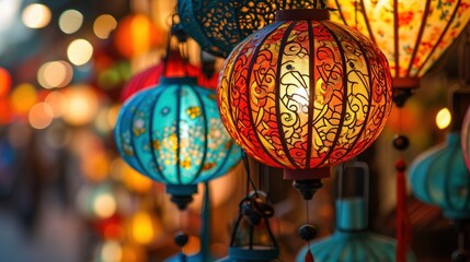 Detail of Handcrafted Silk Lanterns for Retail. Generative Ai. - obrazy, fototapety, plakaty