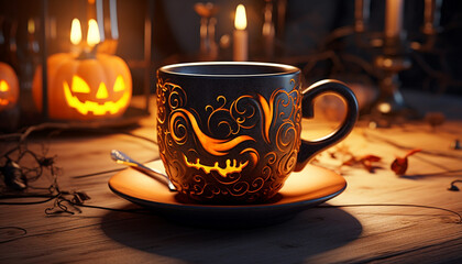 A cup with a Halloween print created with Generative Ai
