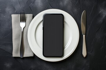 Smartphone screen on white plate fork and knife on black background Online business restaurant delivery app concept