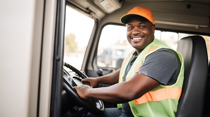 Naklejka premium A truck driver in a delivery truck looking at the road , truck driver, delivery truck, road