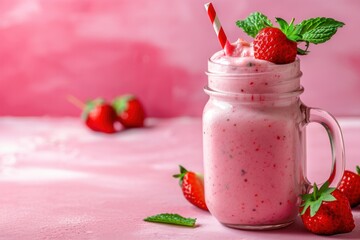 Strawberry Smoothie Mint decoration on pink table, healthy food or snack