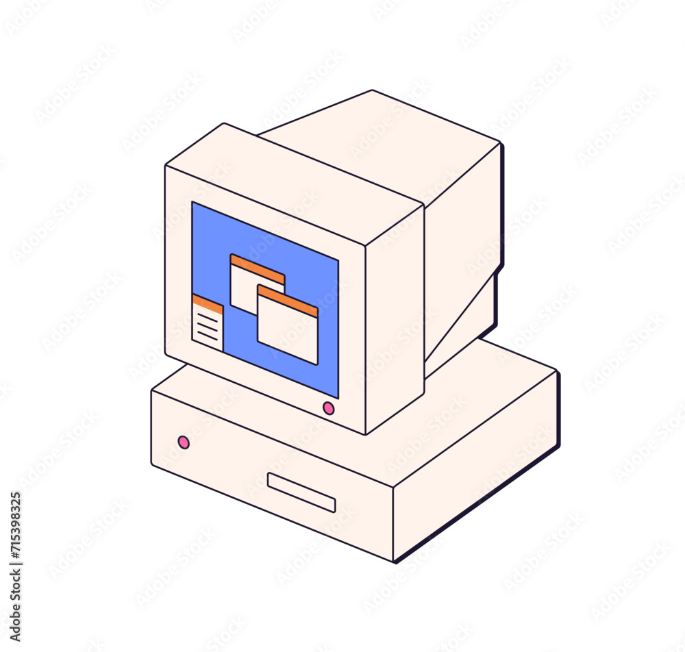 Poster Old retro computer in 80s style. Obsolete PC monitor. Outdated nostalgic desktop. 1980s device icon, vintage technologies of eighties. Flat vector illustration isolated on white background