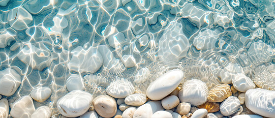 Creative wallpaper abstract image of white rounded smooth pebble stone under transparent water with waves. Backdrop sea bottom pattern surface. Top view  - obrazy, fototapety, plakaty