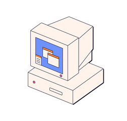 Old retro computer in 80s style. Obsolete PC monitor. Outdated nostalgic desktop. 1980s device icon, vintage technologies of eighties. Flat vector illustration isolated on white background