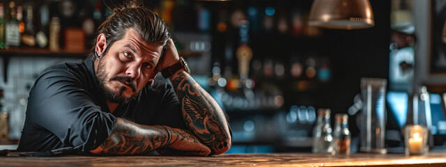 a man in a tattoo relaxes in a bar - obrazy, fototapety, plakaty