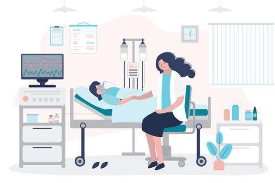 Boy lies in intensive care. Mother or doctor supports seriously ill patient. Kid lies with artificial ventilation of the lungs and dropper in hospital ward.