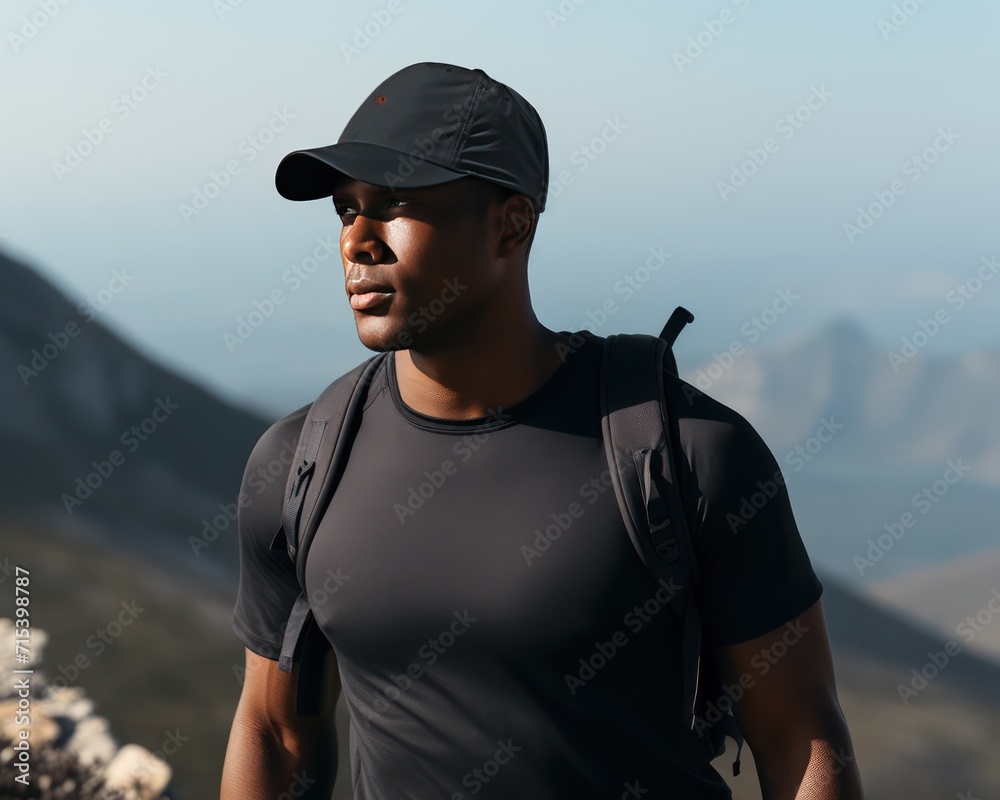 Poster Black sun cap mockup, black sun cap wearing male tracking on rocky mountain