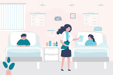 Sick children lies in beds at hospital. Room in kids clinic. medical care, two little patients characters in hospital. Woman doctor talking with kids.