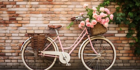 Fototapeta na wymiar A vintage bicycle with a basket full of flowers , vintage bicycle, basket, flowers