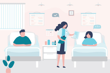 Sick teens lies in beds at hospital. Room in clinic, medical care, two young adult patients in hospital. Woman doctor talking with teenagers. General ward interior with furniture