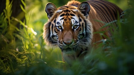  a close up of a tiger in a field of tall grass with grass in the foreground and a blurry background.